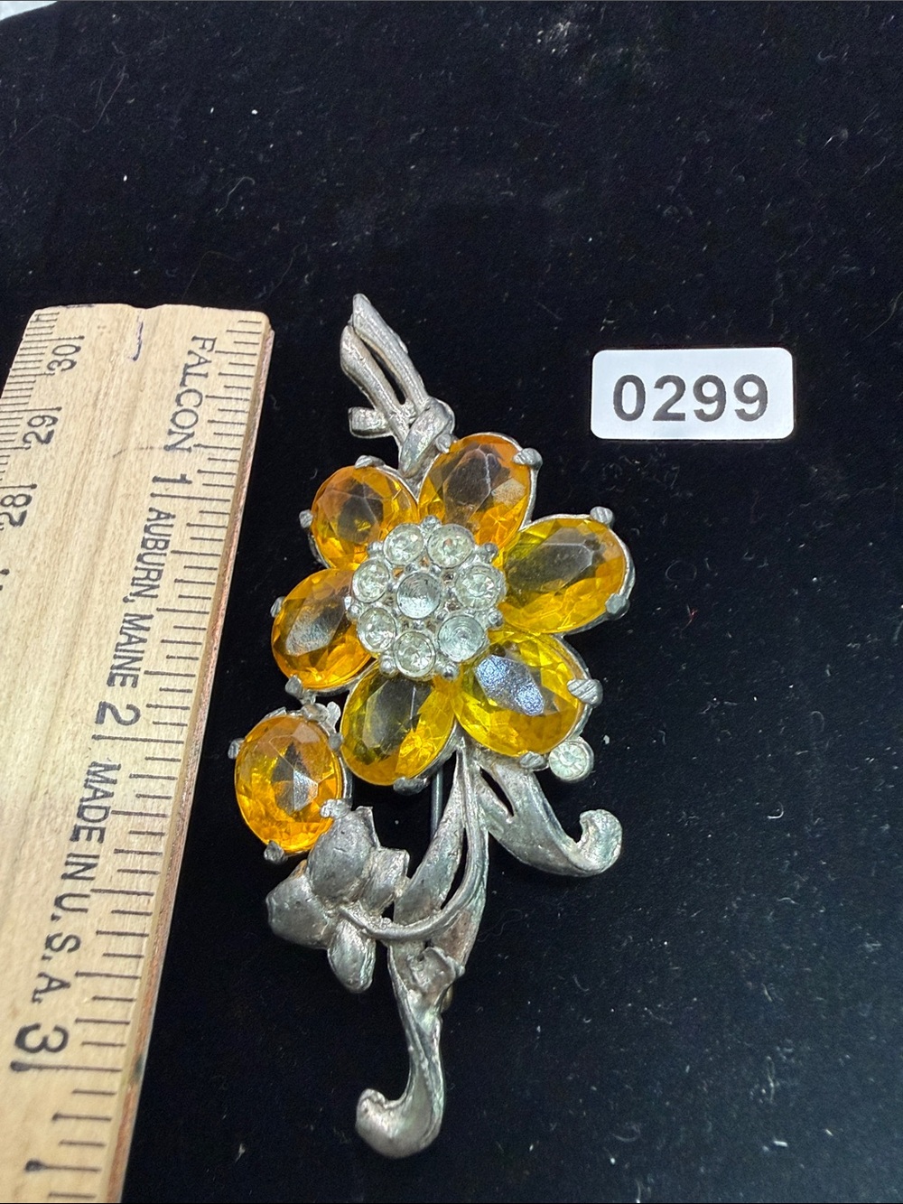 Yellow Crystal Flower Brooch with Clear Rhinestone Cluster